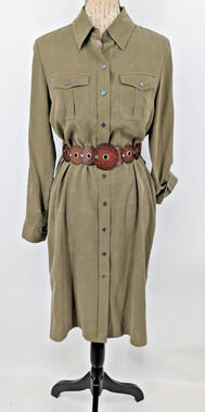 Army Green Midi Silk Shirt Dress SIZE S Quiet Luxury Old Money CHARTER CLUB